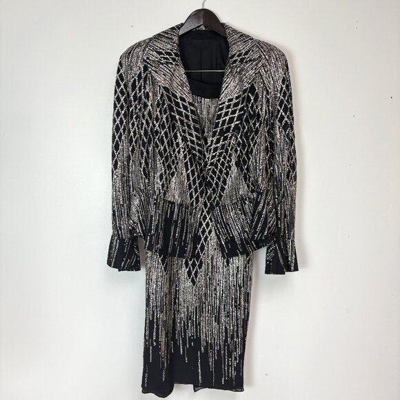 Women’s Black & Silver Beaded Vintage Skirt & Jacket Set W/Sheer Overlay - Picture 1 of 14